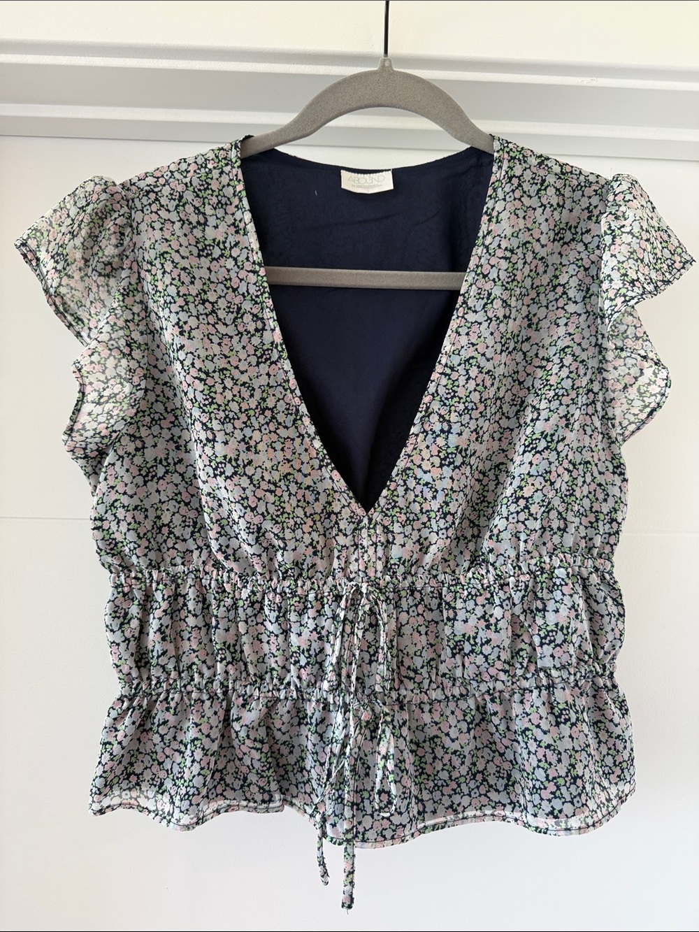 Abound Floral V-Neck Cinched Waist Flutter Sleeve Top